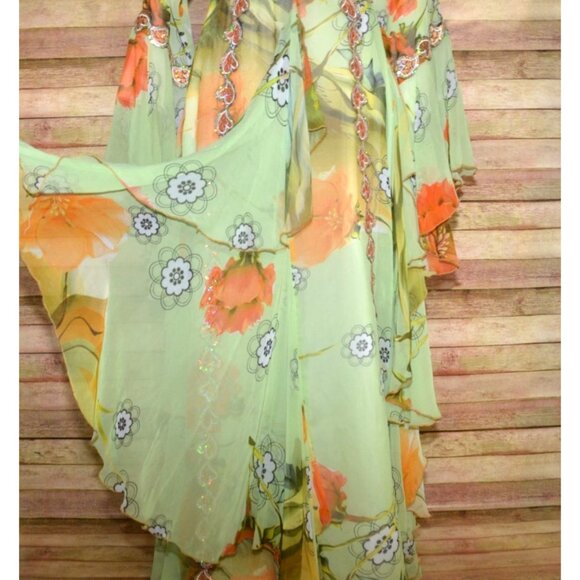 Middle East Arabian Green Floral Maxi Evening Dress Gown  XL 1X Sequin Ruffles - Picture 6 of 16